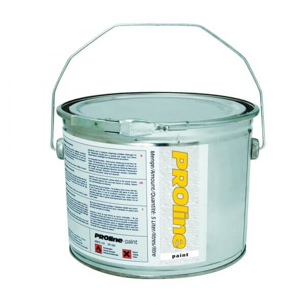 Metalleimer mit Henkel, Aufschrift "PROline-paint Antirutsch Hallenmarkierfarbe", Gebrauchsanleitung, Warnhinweise sichtbar.