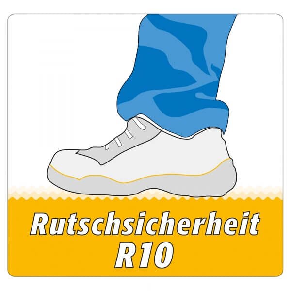 Illustration: Person mit weißem Schuh steht auf gelber Fläche, zeigt Rutschhemmung R10 der PROline-paint Antirutsch Hallenmarkierfarbe.