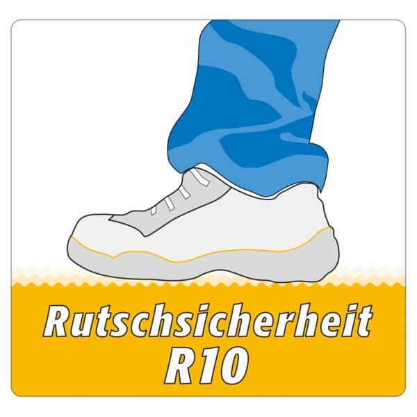 Person mit Schuh steht auf gelber Fläche, darunter Schrift: PROline-Schmerz-Antirutsch Hallenmarkierfarbe, Rutschsicherheit R10.