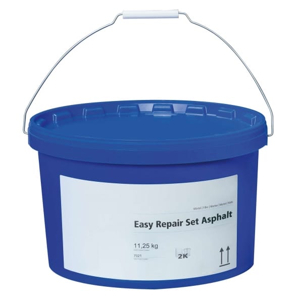 Blauer Kunststoffeimer mit Metallhenkel, Aufdruck "Restore Easy Repair Bodenreparatur, 11,25 kg", geeignet für Bodenreparatur.