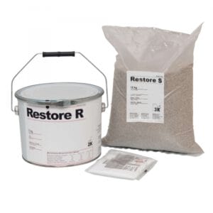 Restore Bodenreparatur-Set im Überblick. Eimer, Sandsack, Bindemittel