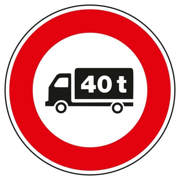 Verkehrsschild mit rotem Rand, LKW-Symbol und "40 t" für maximale Fahrbahnlast 40 Tonnen, TOPSTOP Fahrbahnschwelle Kautschuk.