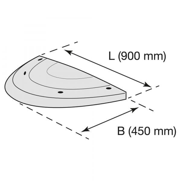 Abbildung eines SafeRide-Viertelkreises, Maße: Länge 900 mm, Breite 450 mm, geometrische Form, Diagramm.