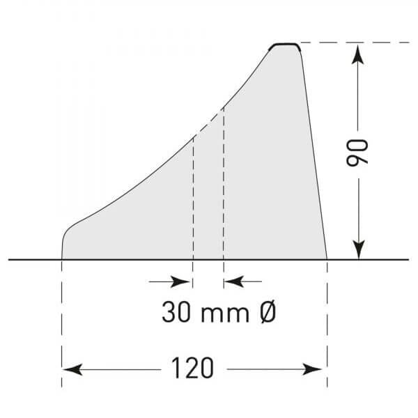 Technische Zeichnung MORION Radstopp: Gehäuse 120 mm Basis, 90 mm Höhe, abgerundete Seite mit 30 mm Durchmesser.