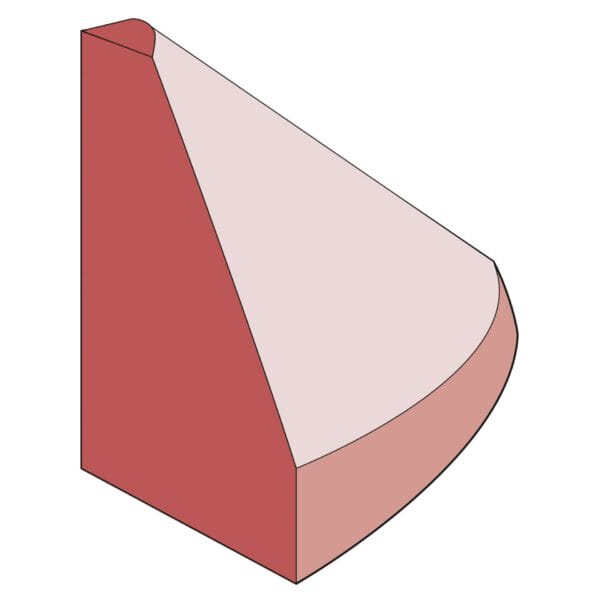 3D GAMMA Elastikbordstein mit rechteckiger Basis, zwei senkrechten Flächen, einer Dreiecksfläche und einer gebogenen Seite.