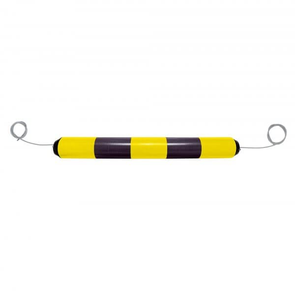 Gelb-schwarz gestreifte zylindrische LeitPin-Boje mit Drahtöse an jedem Ende, vor weißem Hintergrund, deutsches Wasserzeichen.