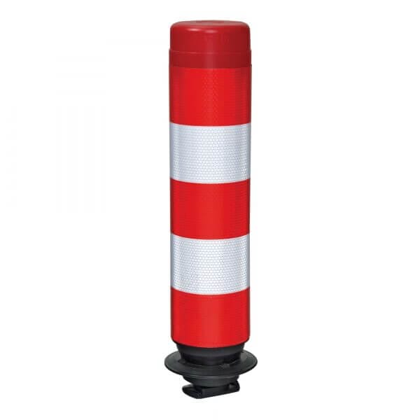 FlexPin Leitpfosten, rot-weiß gestreift, schwarzer Sockel, Verkehrsabsperrung für Fahrbahntrennung und Verkehrssicherheit.