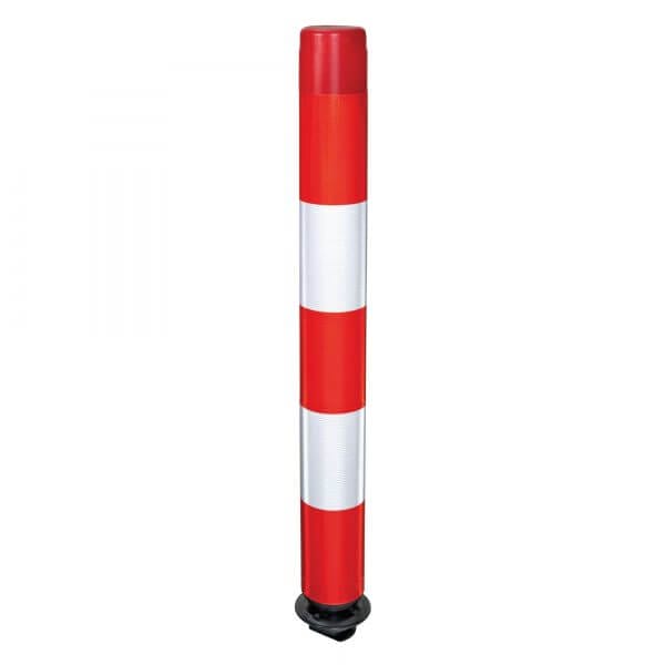 FlexPin Leitbake: rot-weiß gestreifter Verkehrspoller auf schwarzem Sockel vor weißem Hintergrund, Sicherheitsausstattung.