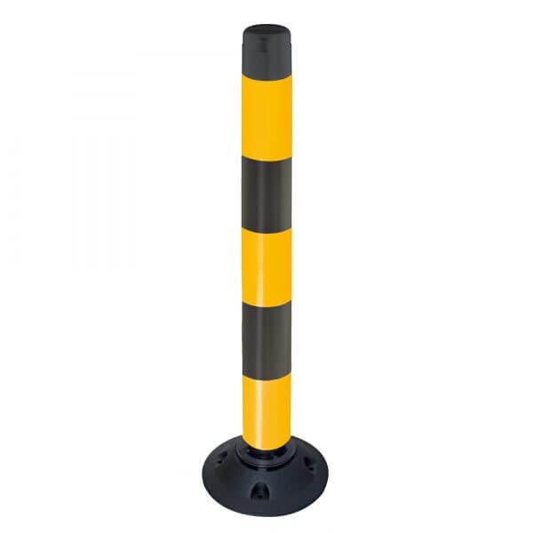 Schwarzer und gelb gestreifter flexibler Leitpfosten mit rundem schwarzem Standfuß, geeignet für Straße oder Parkplatz.