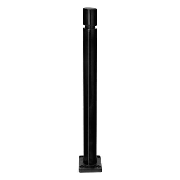 Schwarzer Metall-Poller mit flachem quadratischem Sockel und zylindrischem Kopf, ideal für Montage auf ebenen Flächen.