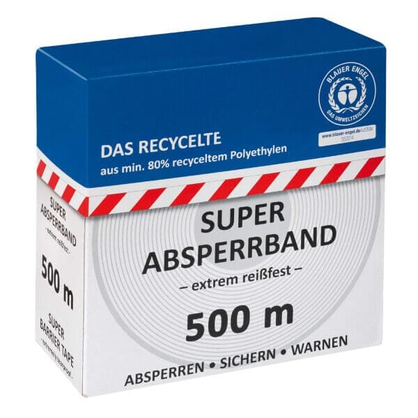 Karton mit Aufschrift "Absperrband" enthält 500 Meter rot-weißes Absperrband aus mindestens 80 % recyceltem Polyethylen.