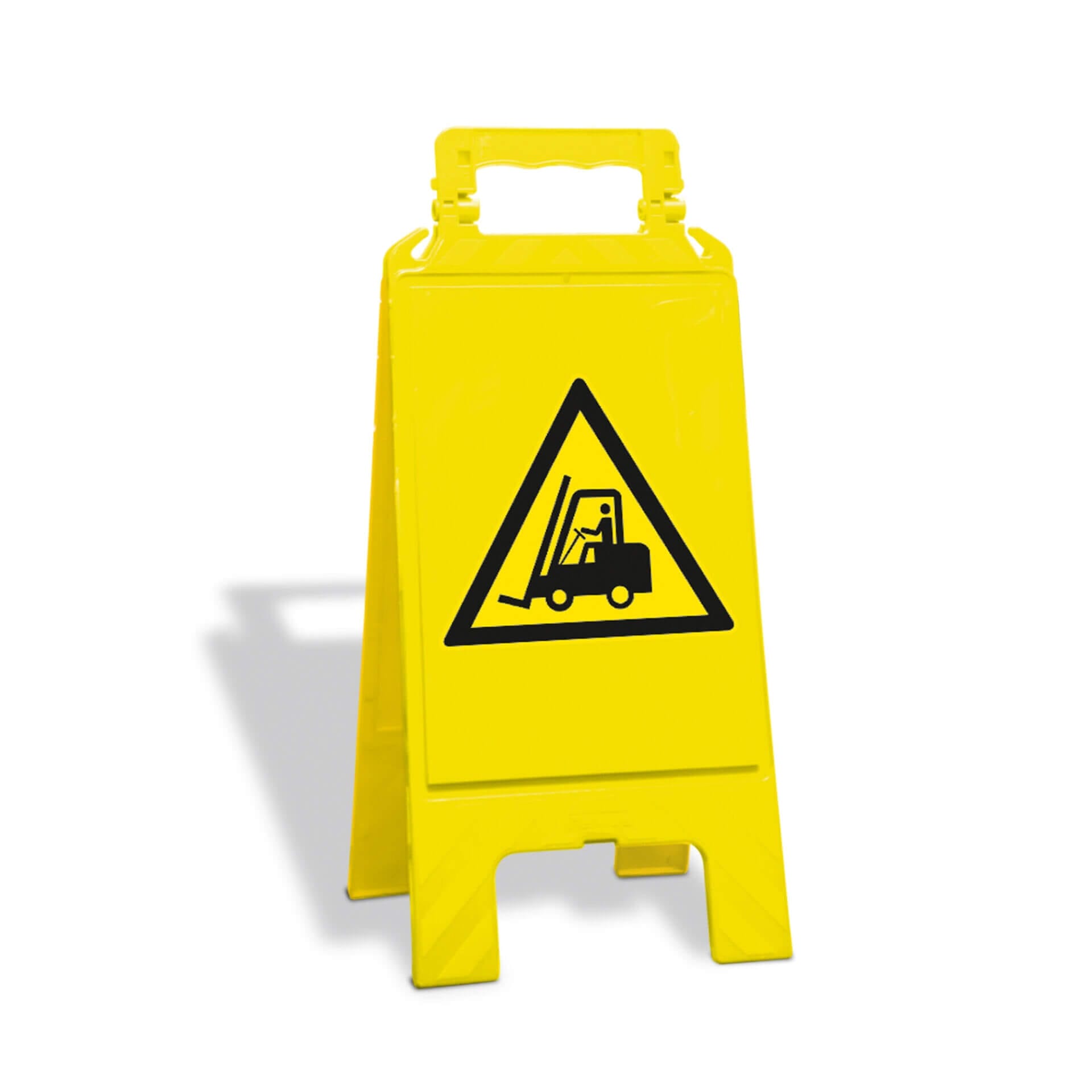 Gelber MORION Warnaufsteller mit schwarzem Dreieck und Gabelstapler-Symbol, warnt vor Gabelstaplerarbeiten in der Nähe.