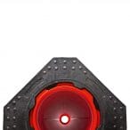Detailansicht: Schwarzes, dreieckiges MORION ReflexKegel EU Gerät mit strukturierter Oberfläche und rotem Kreis mit leuchtendem Punkt.
