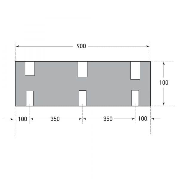 Rechteckiger grauer Anfahrpuffer 900x300mm, Laderampenschutz, fünf gleichmäßig verteilte Kerben mit Maßangaben.