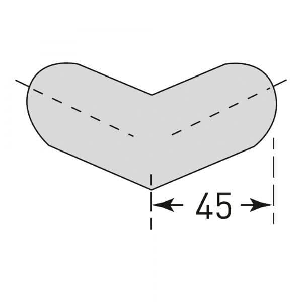 MORION Prallschutz Eckschutz grau, 90° abgerundet, gestrichelte Linie, Abstand 45 Einheiten von Ecke zur Kante markiert.