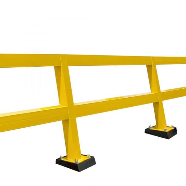 PU-Federelement schwarz mit senkrechten Stützen und robusten Bodenbefestigungen als Schutzplanken-Komponente aus Kunststoff.