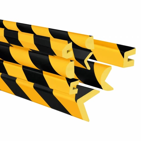 MORION Prallschutz Schaumstoff Eckschutz und Kantenschutz gelb-schwarz gestreift, nebeneinander in verschiedenen Formen.