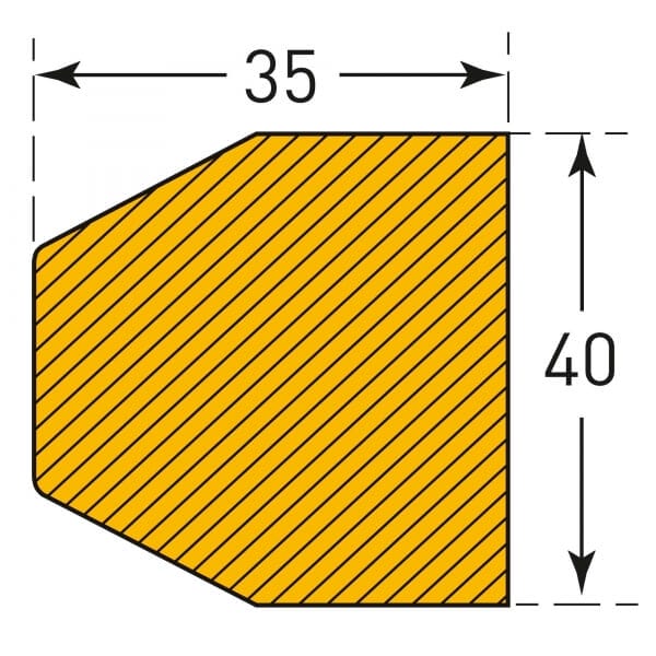 Gelber, schraffierter MORION Prallschutz, 35x40 Einheiten, mit Maßpfeilen; Schutzprofil geometrische Form für Sicherheit.