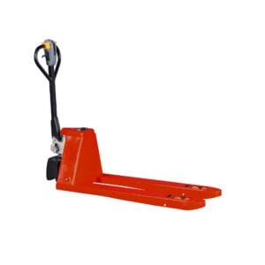 Roter Elektrohubwagen mit schwarzem Griff und Bedienelementen, ideal zum Paletten heben und bewegen in Lagerhallen.