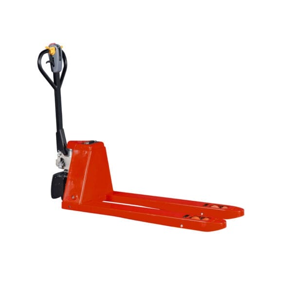 Roter Elektrohubwagen mit schwarzem Griff und Bedienelementen, ideal zum Paletten heben und bewegen in Lagerhallen.