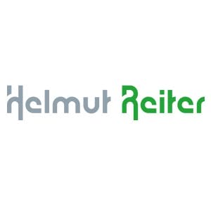 Logo: Schriftzug "Helmut Reiter", Helmut grau, Reiter grün, serifenlose Design-Schrift, Bezug zu Technischer Industrieberatung.
